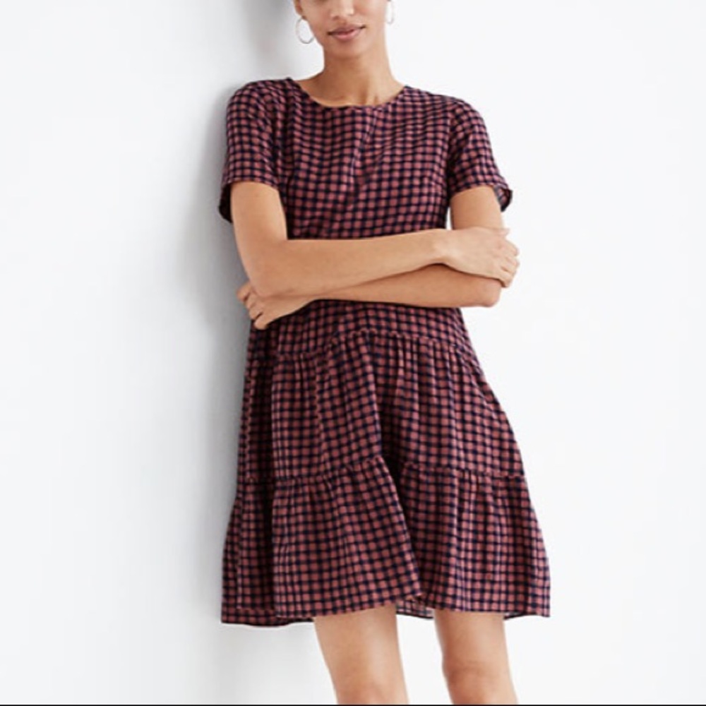 New Madewell Tiered Mini Dress in Gingham Check